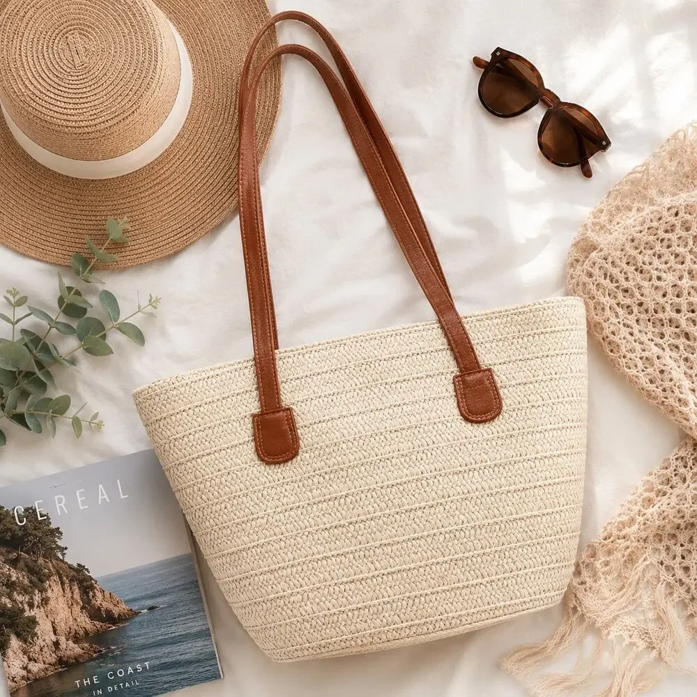 Straw Woven Tote Beach Bag Coastal Resort Market Shopper NWOT Summer Purse